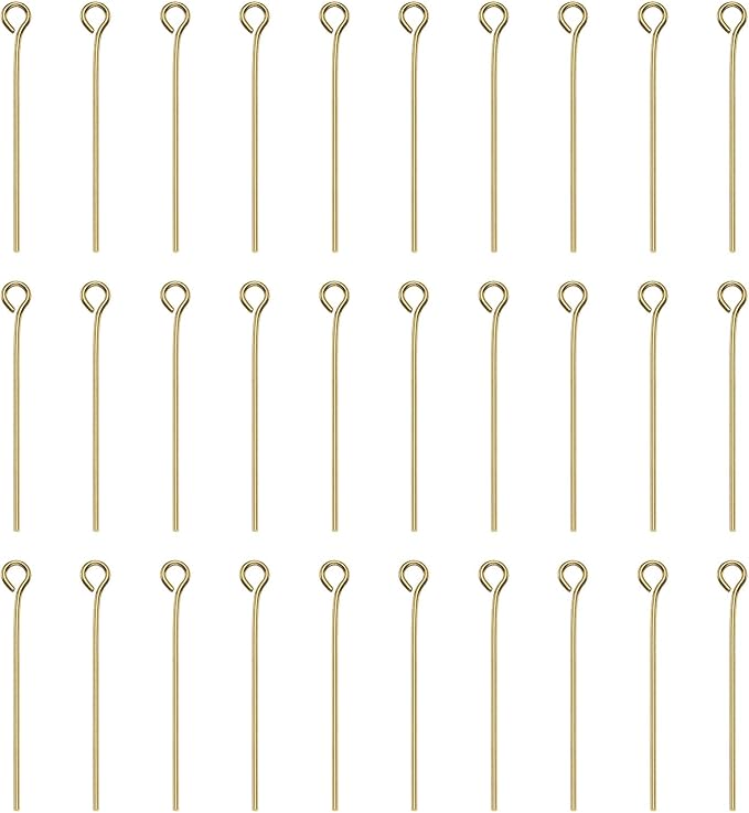 HARFINGTON 100pcs Open Eye Head Pins 1.18" 30mm Mini Metal Wire Eye Pins Beading Small Needles Bulk for Earring Pendant Necklace Bracelet Charm Jewelry Making Findings DIY Craft, 18K Gold