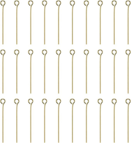 HARFINGTON 100pcs Open Eye Head Pins 1.18" 30mm Mini Metal Wire Eye Pins Beading Small Needles Bulk for Earring Pendant Necklace Bracelet Charm Jewelry Making Findings DIY Craft, 18K Gold