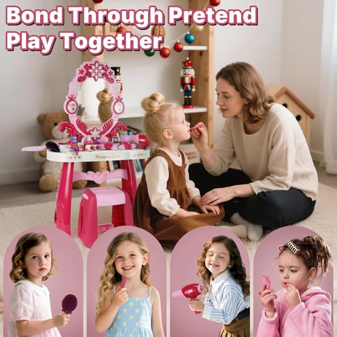 Toddler Vanity Set with Mirror, Lights & Music – Pink Princess Makeup Table with Stool, Pretend Play Beauty Salon Toy with Hair Dryer & Accessories for Little Girls Ages 3–5 Dress Up Gift (Pink)