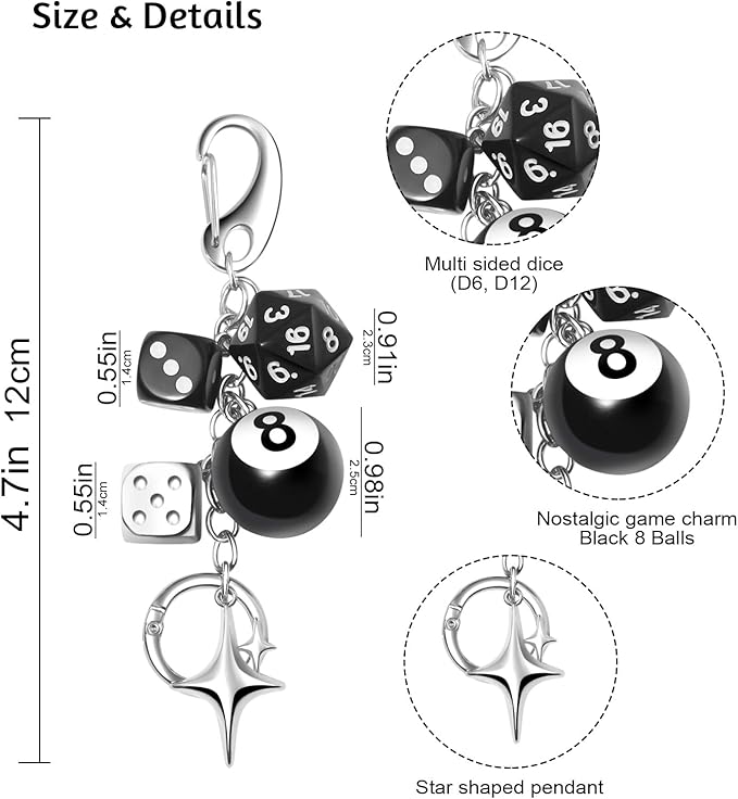 Joyline Y2K Aesthetic 8 Ball Dice Charm Keychain for Women & Men Cute Bag Purse Handbag Accessories