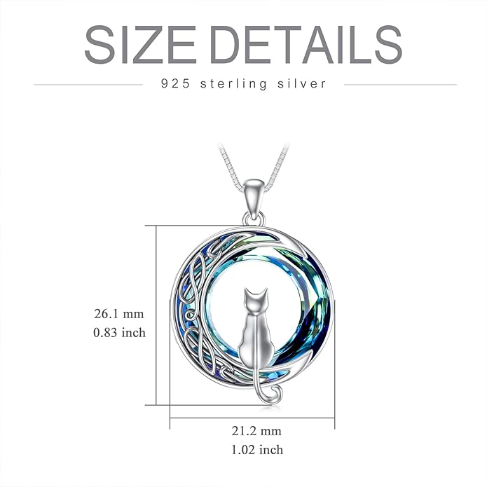 TOUPOP Cat Gifts for Cat Lovers One Two Three Four Cats Necklace Sterling Silver Cats on the Moon Pendant Necklace with Blue Circle Crystal Birthday Christmas Celtic Jewelry Gifts for Women