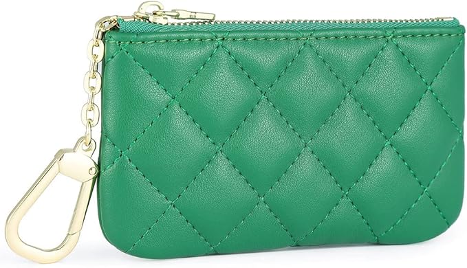 Premium Genuine Full Grain Leather Mini Coin Purse Keychain Pouch Card Holder for Men Women (Green Quilted)
