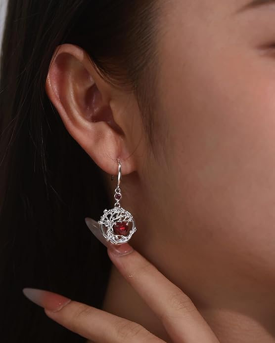FANCIME Tree of Life Dangle Drop Earrings 925 Sterling Silver Dainty Round Gemstone Birthstone Earring Fine Jewelry Birthday Christmas Gifts for Her Women