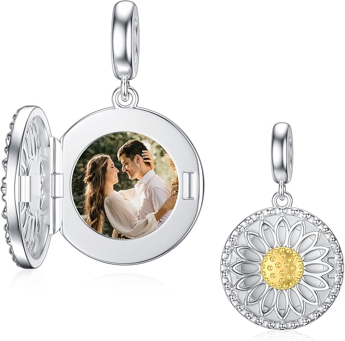 LONAGO 925 Sterling Silver Personalized Photo Charm Fit Compatible for Bracelet Necklace Customized Heart Round Shape Picture Bead