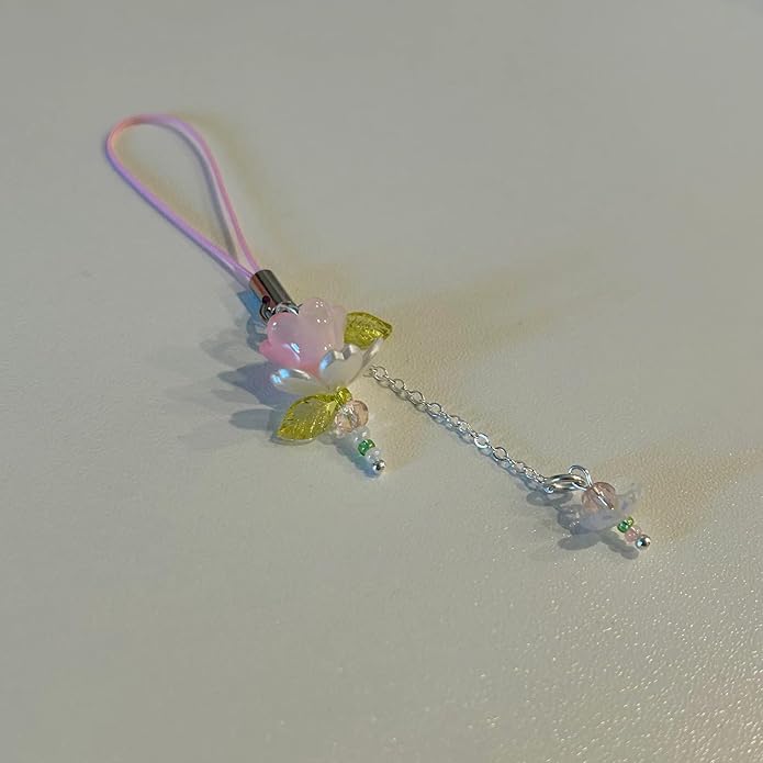 Agromusk Pink Flower Phone Charms,Cute Beaded Lotus Flower Phone Strap Handmade Decor for Women Y2K Accessories Keychain Bag Pendant Gift