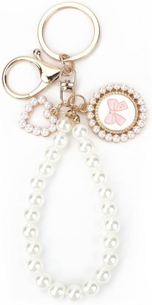 Pearl Keychain with White Bow,Beaded Wristlet Keychains Mother's Day Gift for Women Bow Key Charms