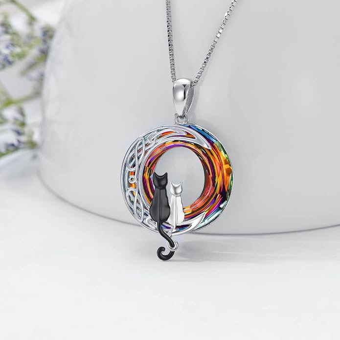 TOUPOP Cat Gifts for Cat Lovers One Two Three Four Cats Necklace Sterling Silver Cats on the Moon Pendant Necklace with Blue Circle Crystal Birthday Christmas Celtic Jewelry Gifts for Women