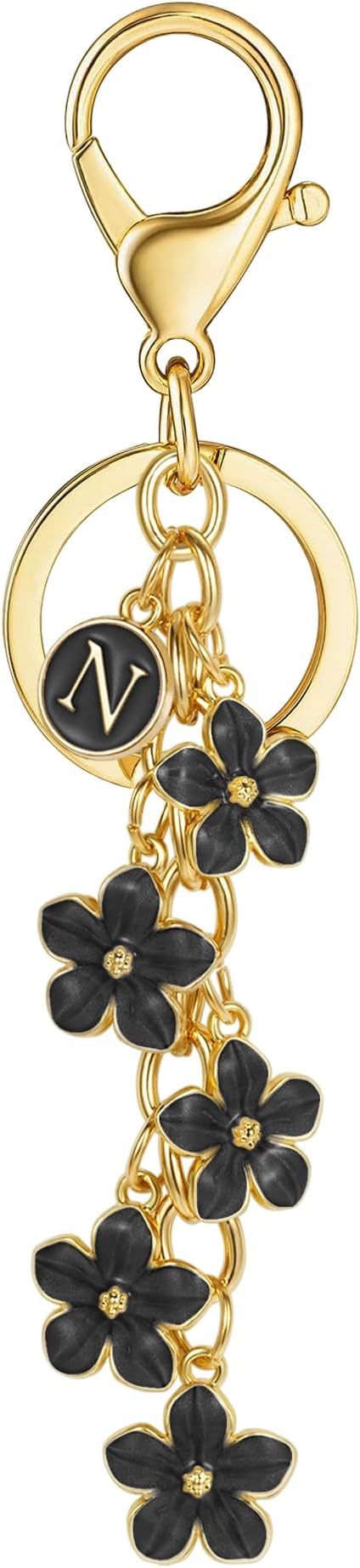 XGALBLA White Pink Black Cute Initial Letter Keychain for Women, Flower Bag Charms Enamel Keyring for Handbag Backpack