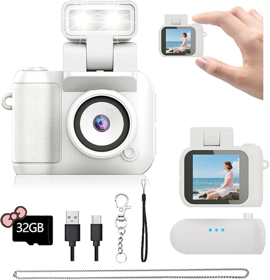 Mini Camera Keychain Mini Retro Camera Cameras Keychain Built-in 32GB Memory Card Best Choice for Travel Vlog Photography Gifts for Girl(White)