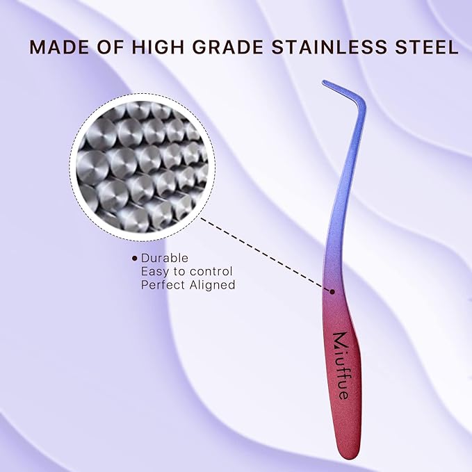 Miuffue Lash Applicator Tool DIY Eyelash Applicator Stainless Steel Curved Eyelash Tweezers for Cluster Lashes, Purple Gradient