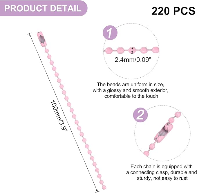 uxcell 220pcs Metal Ball Bead Chain, 100mm Long Bead Connector Clasp Dog Tag Hanging Chain for Key Chains Tags Craft Projects Jewelry Making, Light Pink