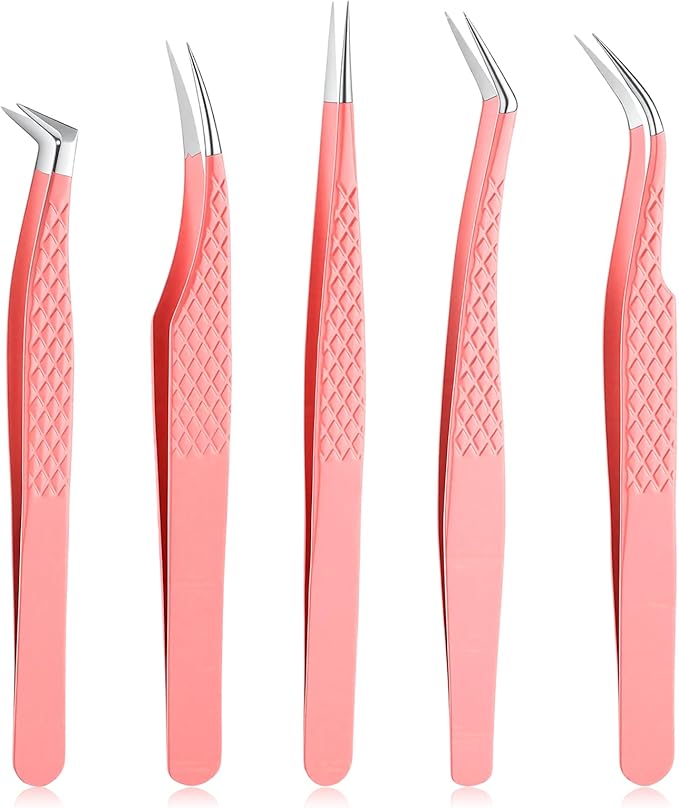 Wanmu 5 Pcs Lash Tweezers for Eyelash Extensions, Straight & Curved Precision Tweezers for Crafting, Classic Volume Mega Volume Lashes, Professional Eyelash Extension Artists Girls Women Beginners