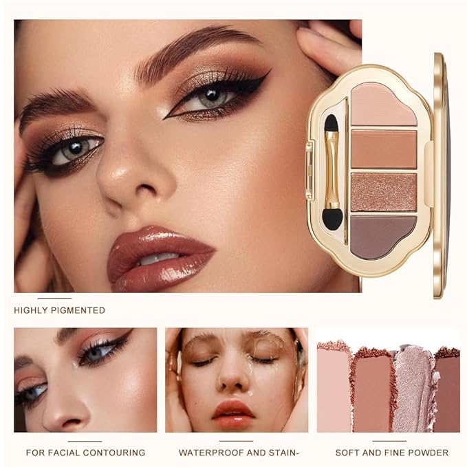 Nude Eyeshadow Palette 4 Colors, earth caramel Matte & Shimmer Neutral Shades, Highly Pigmented Blendable Long-Lasting Powder, Smooth No-Fallout Daily Eye Makeup Palette and Natural Look-B02#