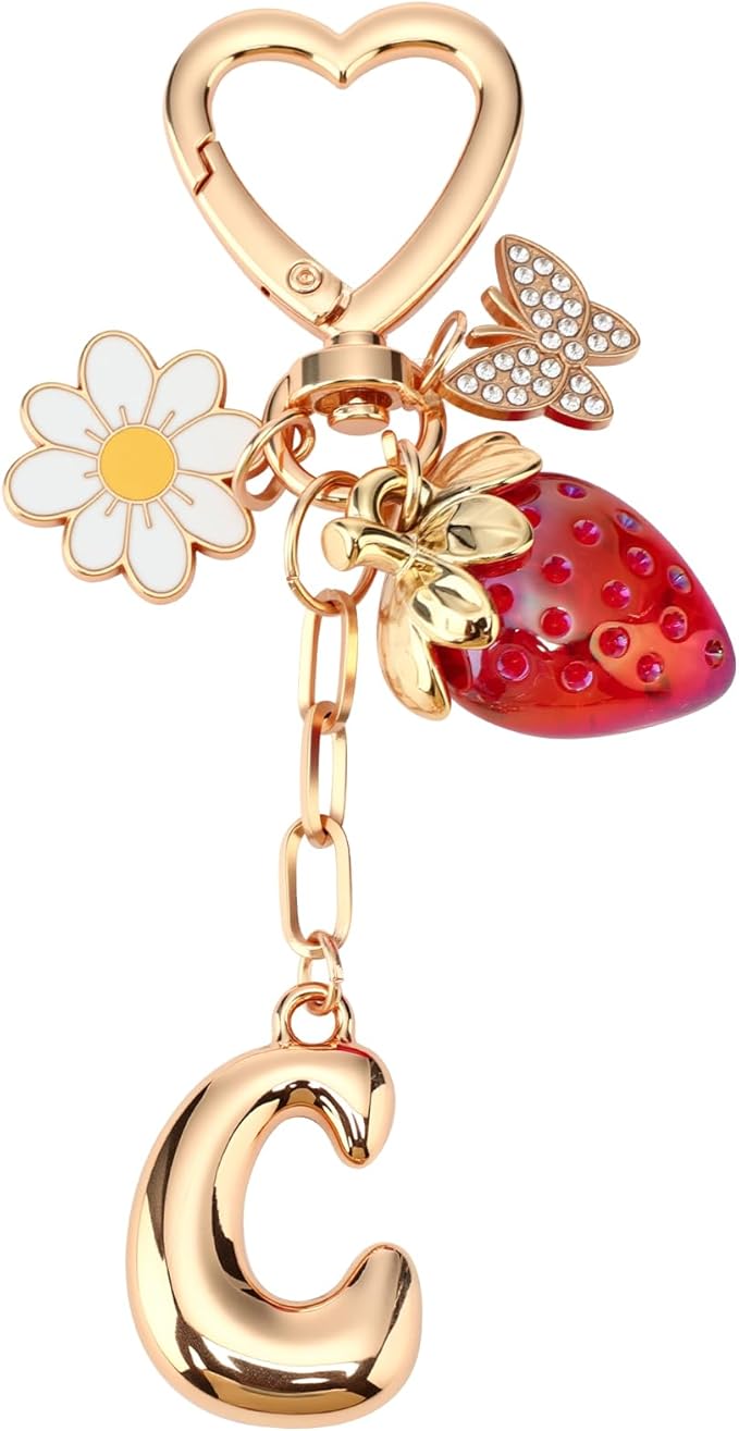 Strawberry Initial Keychain for Women-Cute Kawaii Gold Alphabet Bag Charms, Key chain Gift for Purse Handbag