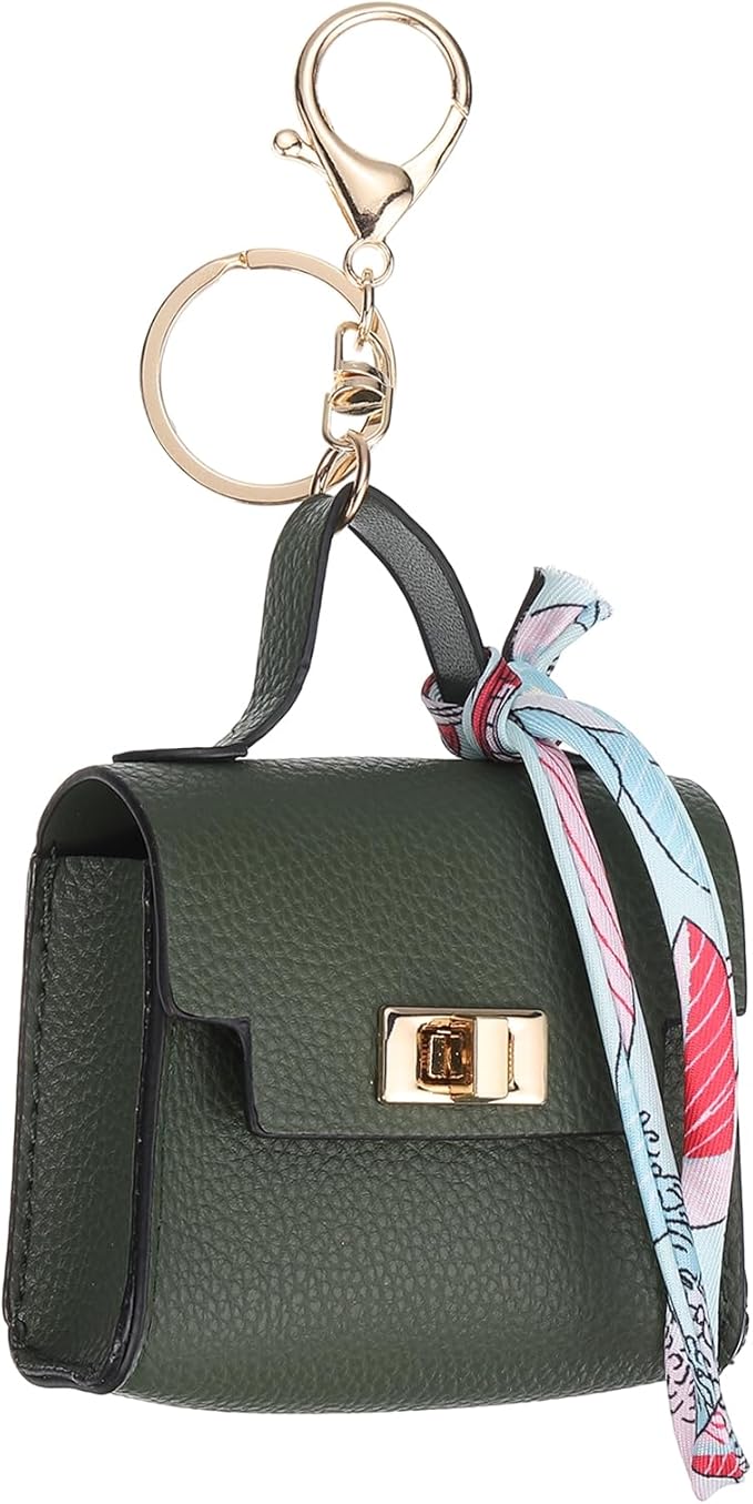 PATIKIL Mini Backpack Keychain, Cute Coin Purse Keychain PU Leather Backpack Purse Key Chain Little Earbud Bag Keychains for Women Mini Card Data Cable Organizer, Green