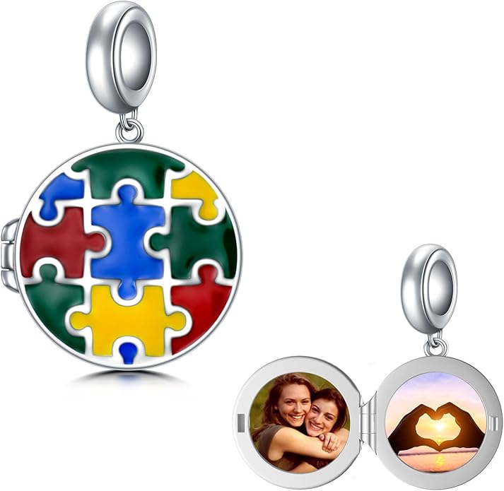 LONAGO 925 Sterling Silver Personalized Photo Charm Fit Compatible for Bracelet Necklace Customized Heart Round Shape Picture Bead