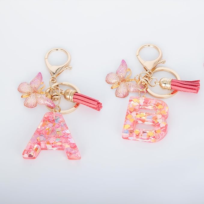 Initial Keychain Cute Pink Resin Letter and Butterfly Charms Keychains for Backpack Purses