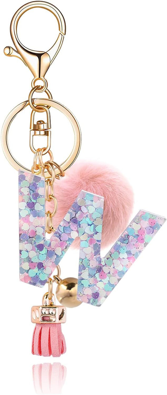 Resin Alphabet Initial Letter Keychain Keyring for Women Purse Handbags With Fur Ball Pom