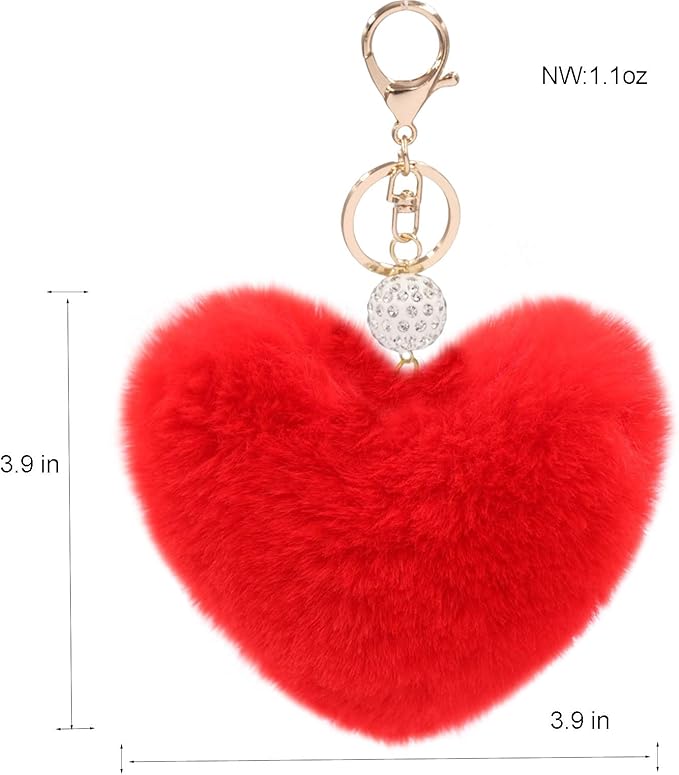 Women's Heart Faux Fur Pom Pom Key Chains Bag Accessory Puffball Keyring Backpack Charms for Girls