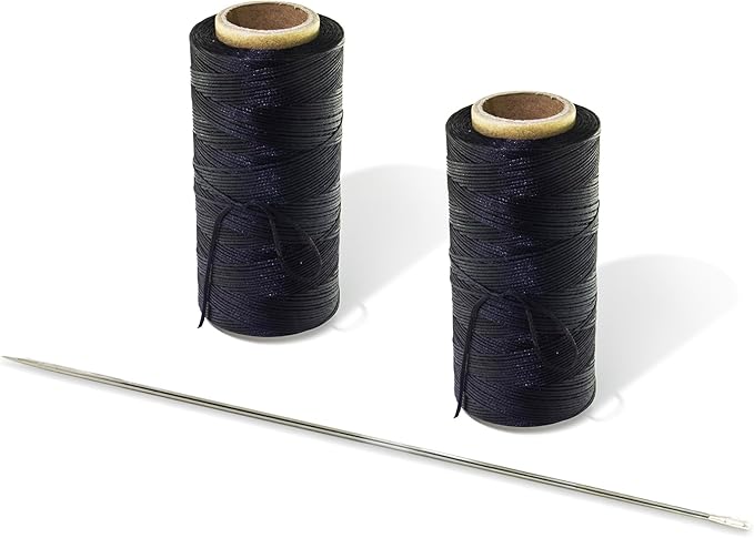 Marcobrothers 10 inch 2 pcs Professional Upholstery Large Eye Long Needle,Easy to Thread,with 1 roll 284 Yard 150D 1mm-Width Leather Sewing Waxed Thread, Silver Black(MJ01-FBA-A0215201-MAXX1MR)