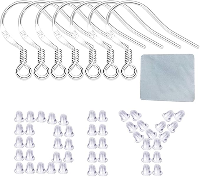 Hypoallergenic Silver Earring Hooks - 120 pcs/60 Pairs s925 Sterling Silver Plated Ear Wires for Jewelry Making, Jewelry findings Parts with 120 pcs Rubber Earring Backs Stopper for DIY Earrings