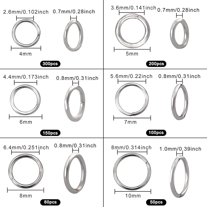 304 Stainless Steel Jump Rings for Jewelry Making Supplies Open Jump Rings 4/5/6/7/8/10mm Silver O Rings for DIY Making Bracelet Earrings Necklace Connectors Chainmail Rings