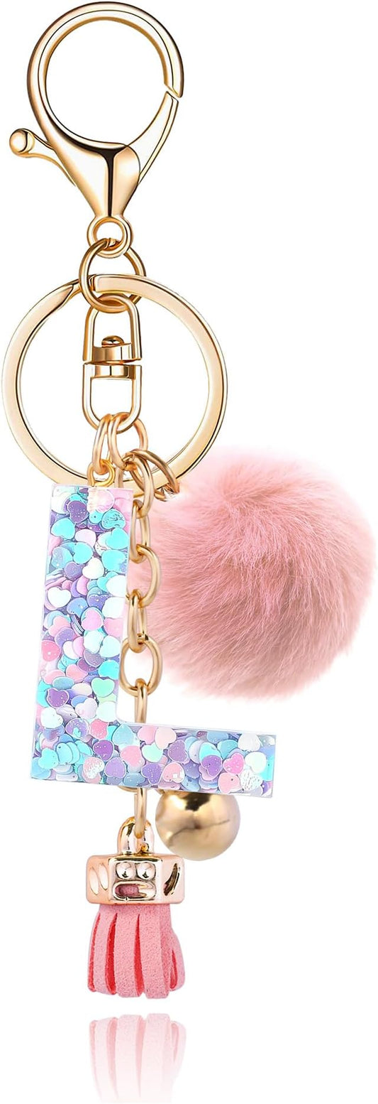 Resin Alphabet Initial Letter Keychain Keyring for Women Purse Handbags With Fur Ball Pom