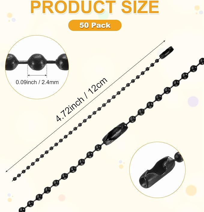 M METERXITY 100-Pack Ball Beads Chain, 4.7 in Metal Beaded Necklace Adjustable Keychain with Connectors for Jewelry Making/DIY Crafts/Hanging Decoration, Dog Tag Chain [Black]