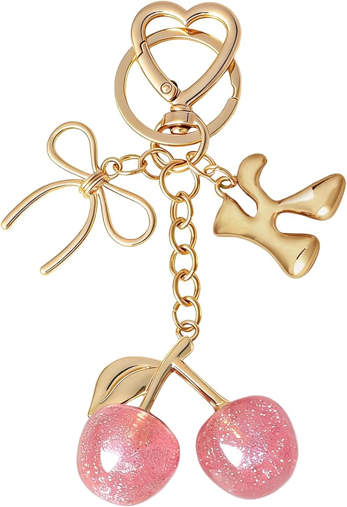Snycler Bubble Initial Keychain with Cherry & Bow - Gold Letter Bag Charms for Women, Cute Purse Handbag Accessories