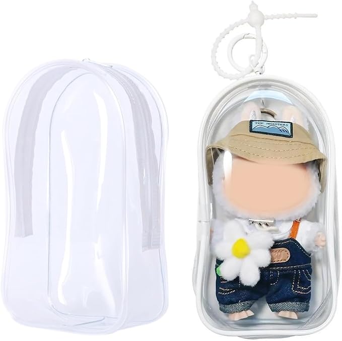 Clear Display & Storage Case for 17&15cm Plush Doll PVC Bag with Detachable Keychain for Collectible Toys and Cosmetics, Portable cases for Travel or Home Decor (white)