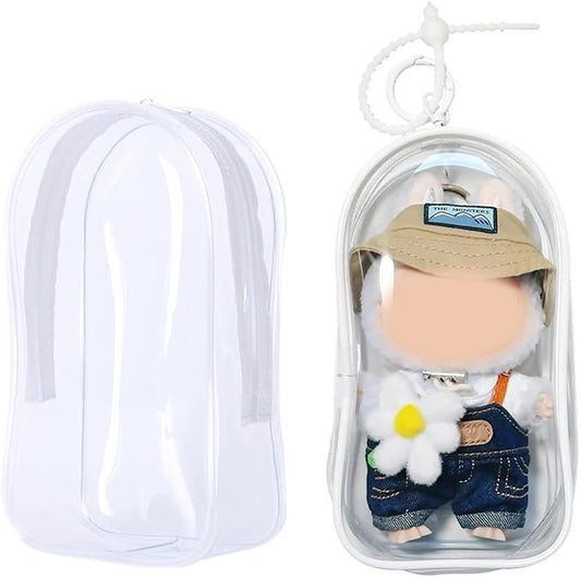 Clear Display & Storage Case for 17&15cm Plush Doll PVC Bag with Detachable Keychain for Collectible Toys and Cosmetics, Portable cases for Travel or Home Decor (white)