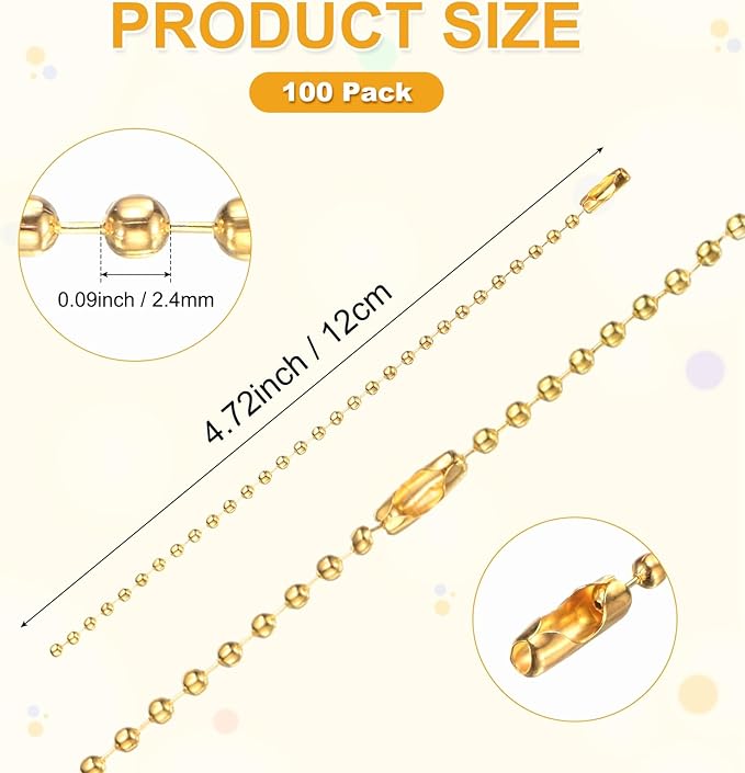 M METERXITY 50-Pack Ball Beads Chain, 4.7 in Metal Beaded Necklace Adjustable Keychain with Connectors for Jewelry Making/DIY Crafts/Hanging Decoration, Dog Tag Chain [Gold]