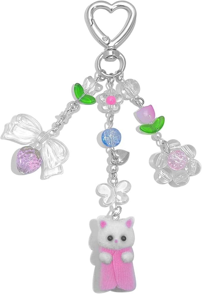 Cute Cat Keychain, Y2K Heart Bow Pendant, Kawaii Cat Bag Charm