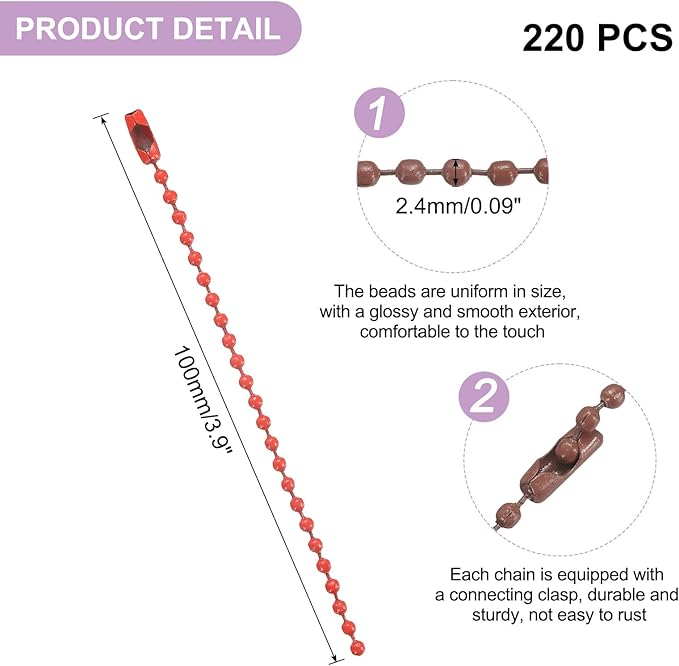 uxcell 220pcs Metal Ball Bead Chain, 100mm Long Bead Connector Clasp Dog Tag Hanging Chain for Key Chains Tags Craft Projects Jewelry Making, Brown