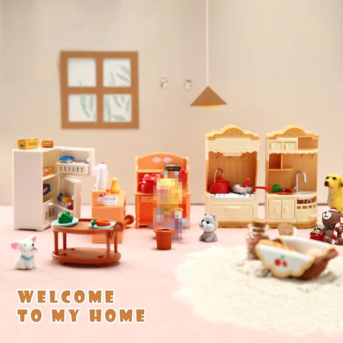 43 Pcs Dollhouse Furniture Kitchen Play Set Miniature Refrigerator with Mini Food Pots and Pans Set Pretend Kitchen Accessories Toys