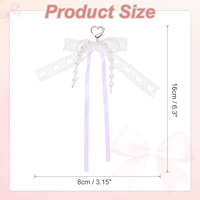 MECCANIXITY Pearl Bow Keychain, Y2k Aesthetic Hollow Heart Bowknot Ribbon Keyring, Cute Bag Charm for Tote Bags Purse Handbag
