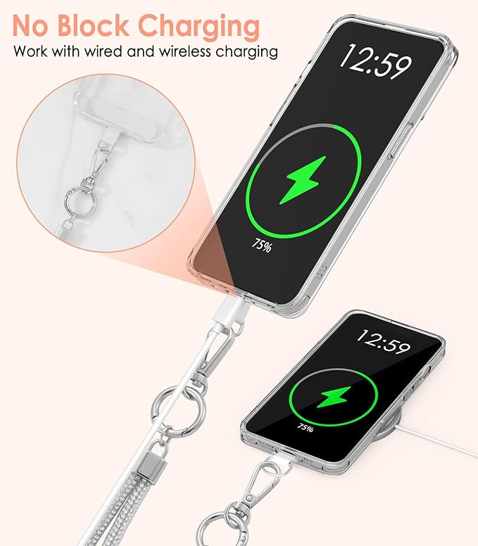 MoKo Universal Phone Lanyard, Metal Cell Phone Chain Crossbody Strap Anti-Theft Detachable Women Cellphone Lanyards Around The Neck with Patches for iPhone, Most Smartphones - Bright Silver