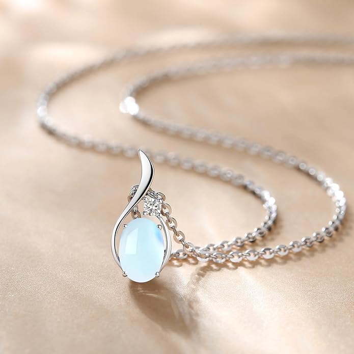 FANCIME 14K Solid White Gold Oval Gemstone Necklace with Diamond Pendant Gifts for Mom Women,16"+2" Inches