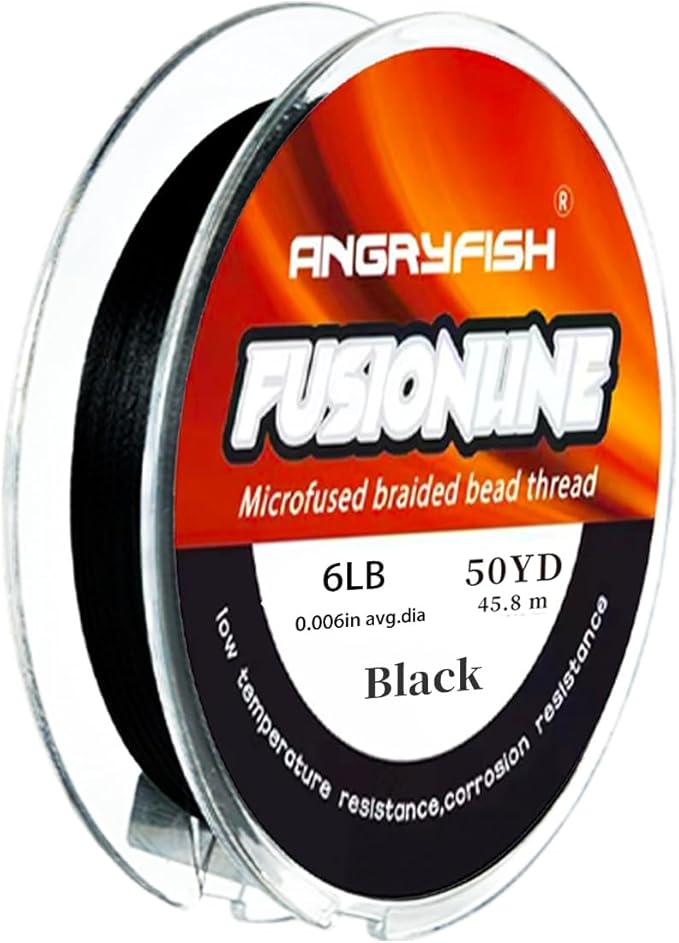 ANGRYFISH Fusionline Beading Thread - High Tensile Non-Stretch Stringing Line for Bracelet Making, Jewelry Design & Bead Weaving, Micro-Fused Braided Craft Thread, Black Color(10lb,0.008in-50yd)