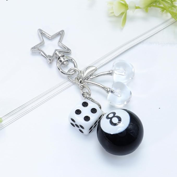 8 Ball Dice Keychain, Y2k Dice Purse Bag Charm with Cherry Star Heart Handbag Accessories for Women Men