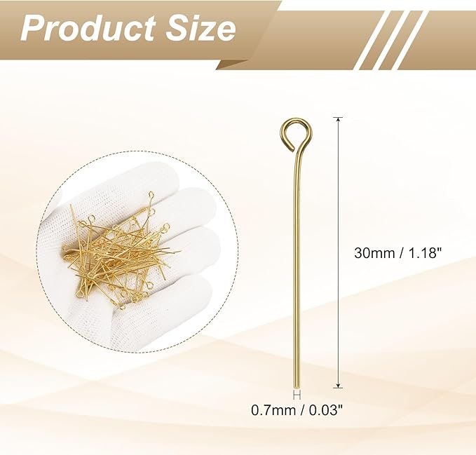 HARFINGTON 100pcs Open Eye Head Pins 1.18" 30mm Mini Metal Wire Eye Pins Beading Small Needles Bulk for Earring Pendant Necklace Bracelet Charm Jewelry Making Findings DIY Craft, 18K Gold
