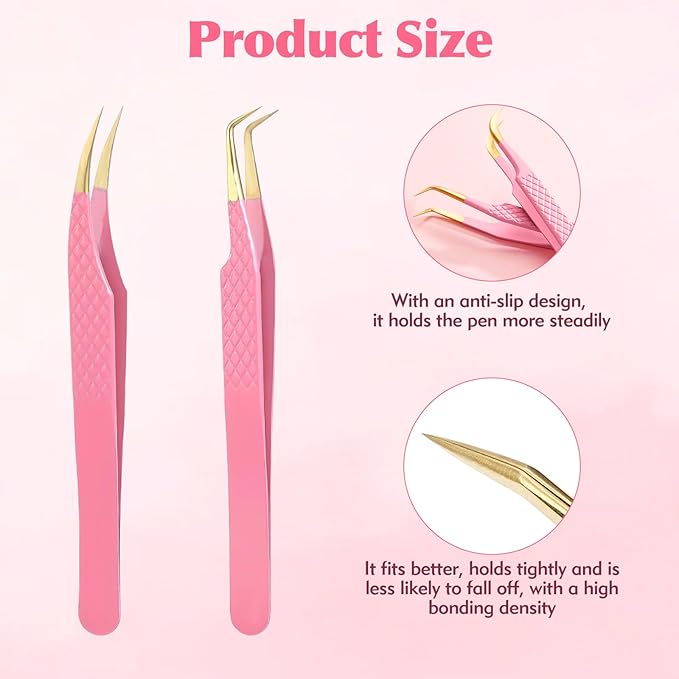2PCS Professional Lash Tweezers Set, Bent & Straight Tip Precision Eyelash Extension Tweezers for False Lashes, Non-Slip Grip