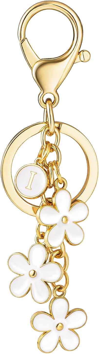 SELOVO Initial Keychain White/Pink/Black Cute Keychain Girl Purse Charms for Handbag Cute Letter Flower Keyring for Backpack