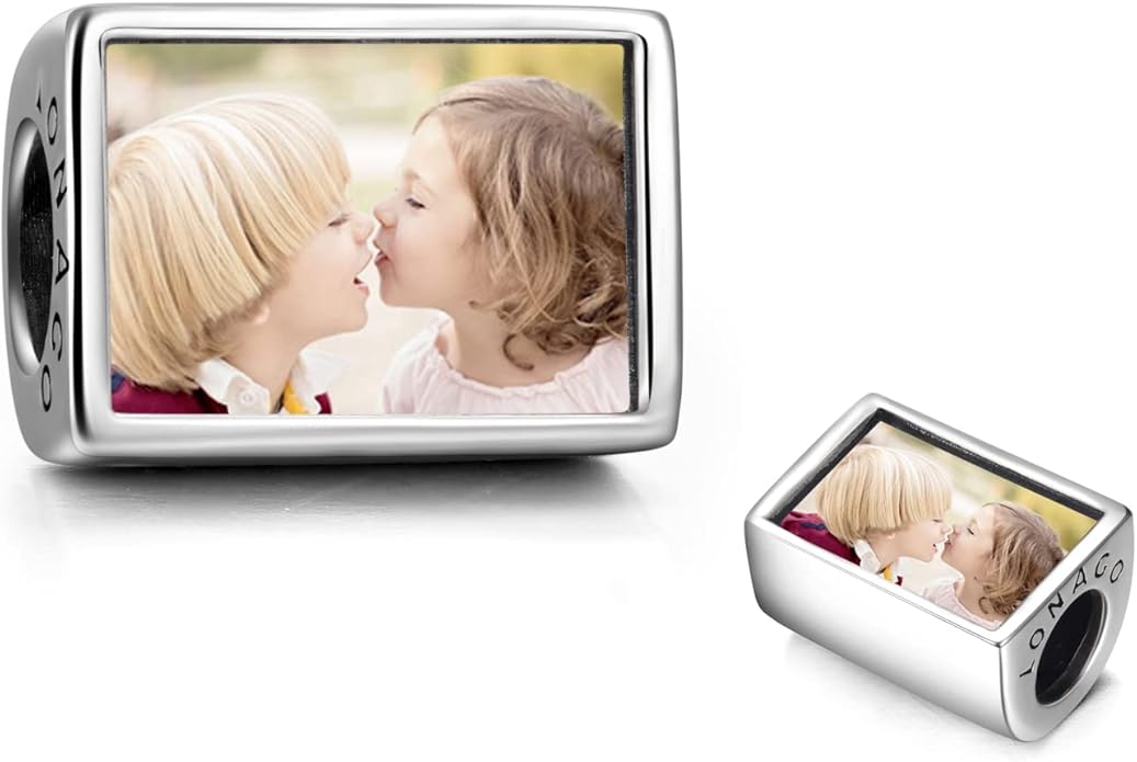 LONAGO 925 Sterling Silver Personalized Photo Charm Fit Compatible for Bracelet Necklace Customized Heart Round Shape Picture Bead