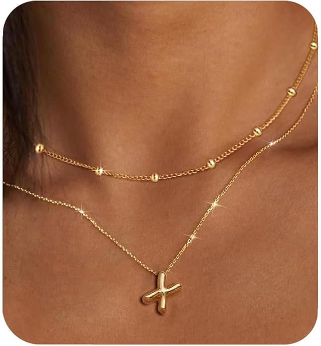 PANSHI Gold Initial Necklaces Gifts for Teen Girls Women Girlfriend Teen Girl Gifts Trendy Stuff Layered Bubble Letter Necklace Gold Jewelry Birthday Gift
