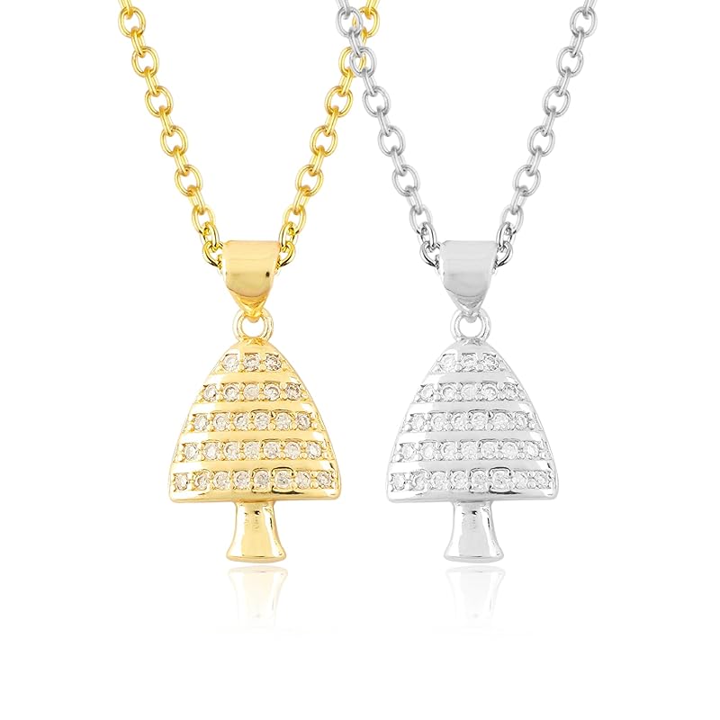 JOR Mushroom Charm with CZ Pendant Necklace, Food Lover Charm, Women Jewelry, Dainty Gold & Silver Plated Combo Chain 18 inch (Pack of 2)