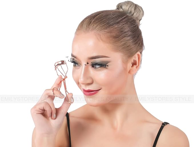 EMILYSTORES Professional Makeup Tool for Eyelashes with 2 Replacement Silicone Refill Pads Pinch Pain Free Metal Eyelash Curler 1PC, Golden Color
