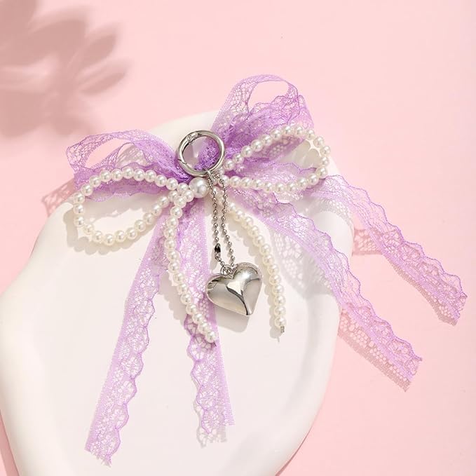 Pearl Bow Keychain Cute Y2k Lace Bowknot Keychain Coquette Aesthetic Accessories Bag Purse Handbag Backpack Charm