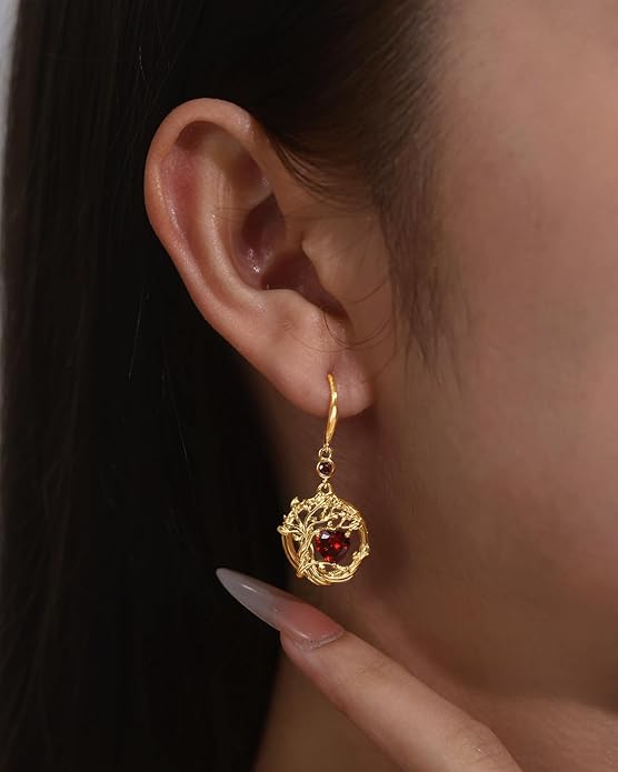 FANCIME Tree of Life Dangle Drop Earrings 925 Sterling Silver Dainty Round Gemstone Birthstone Earring Fine Jewelry Birthday Christmas Gifts for Her Women
