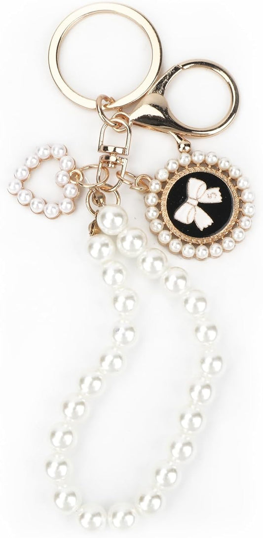 Pearl Keychain with White Bow,Beaded Wristlet Keychains Mother's Day Gift for Women Bow Key Charms